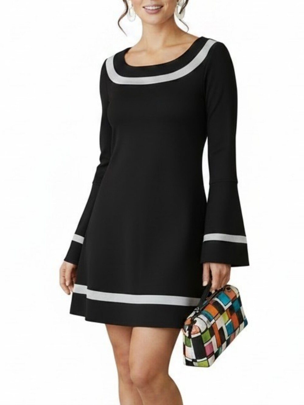 VTG Y2K White House Black Market 60s Mod Mini Dress XS Tunic Bell Sleeve USA